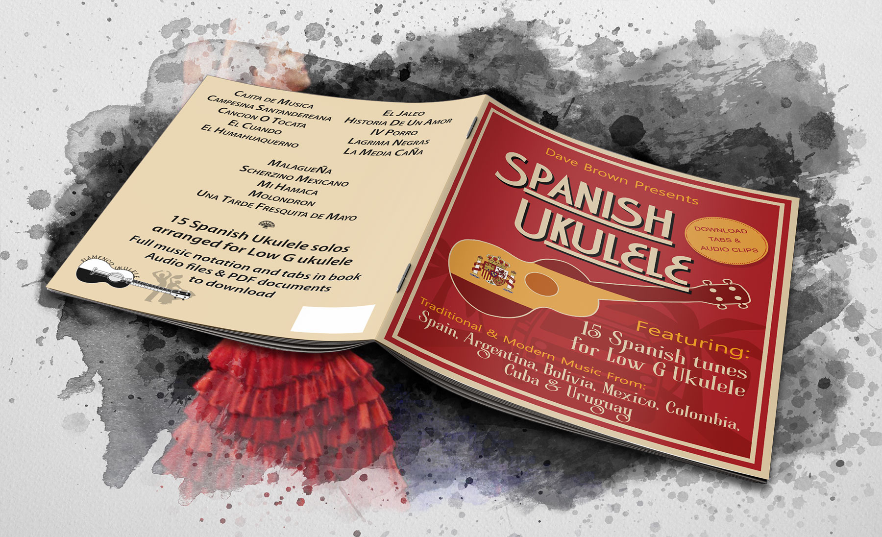 spanish ukulele book open on a watercolur painting of flamenco dancer