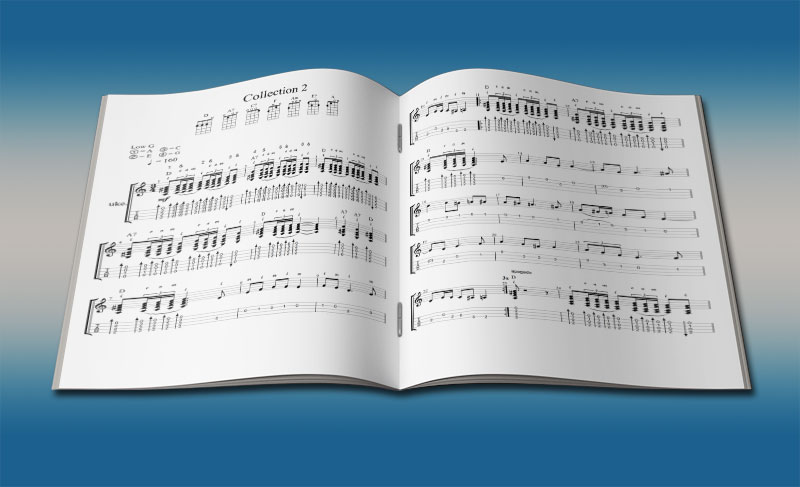 open book showing music and tabs for collection 2